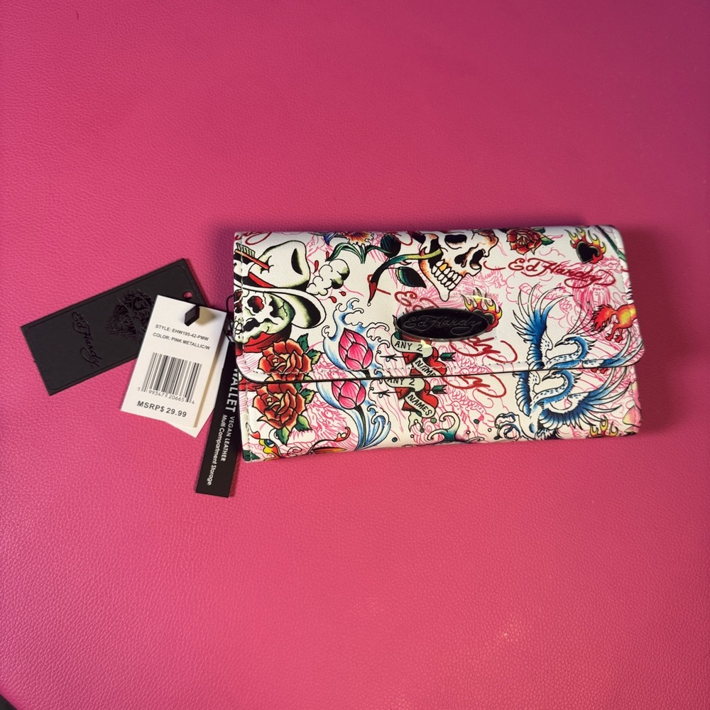 Ed Hardy Skull Rose Tattoo Wallet NWT Vegan Leather Y2K Multi-Compartment